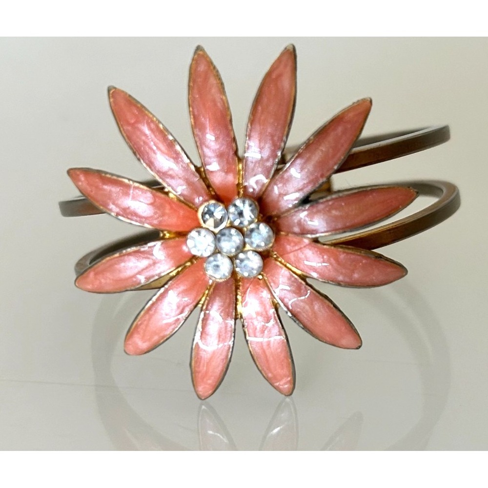 Vintage 1960s Peach Enamel Daisy Flower Cuff Bracelet Hinged Cottagecore Retro